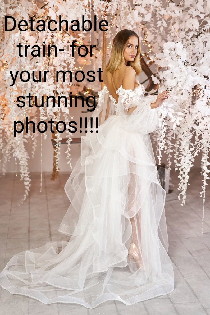 Brudklänning, Brudklänning i spets, Boudoirklänning, Boho brudklänning, Bröllopsklänning i tyll, Transparent morgonrock, Släp av brudklänning, Brudklänning med öppen rygg bild 4