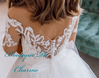 Ivory Flower Girl vestido, Tulle Flower Girl Dress, First Communion flower girl dress, Long Sleeve Flower Girl Dresses, White lace dress