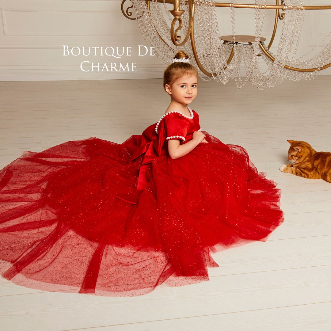 Red Satin Ruffle Organza TUTU Princess Flower Girl Dress