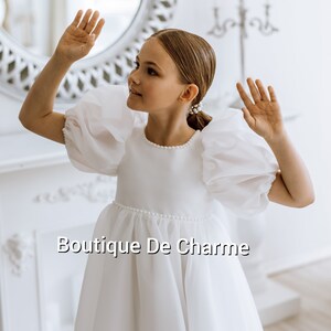 Satin flower girl dress, Junior bridesmaid dress, First communion dress, Toddler dress, Dress with bow, White flower girl dress, Tutu dress