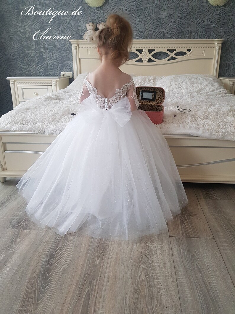 Tutu flower girl dress,Lace and tulle flower girl dress,Sparkly flower girl dress,Princess girl dress,White lace girl dress,Party girl dress