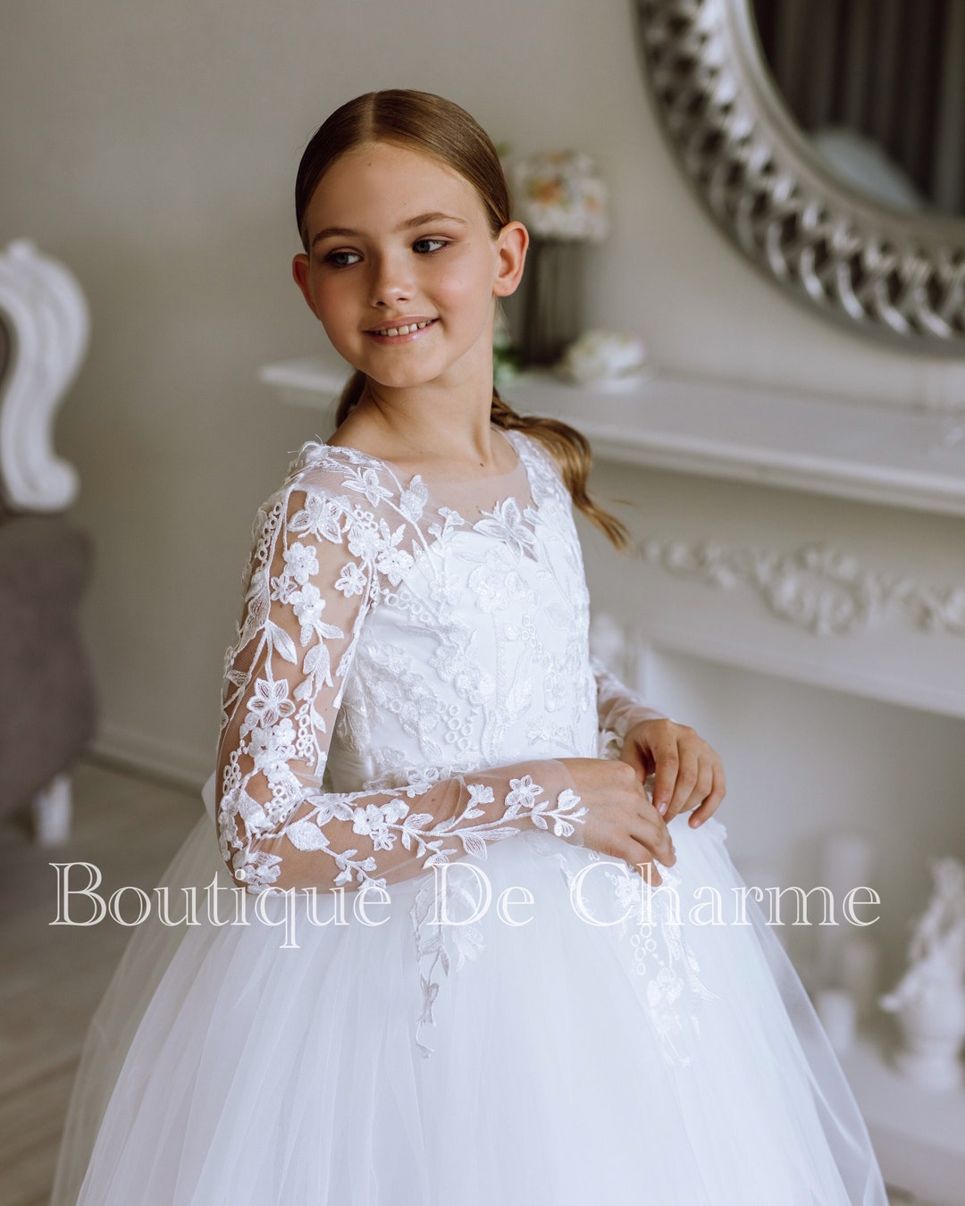 White  with Shoulder Flower communion /Flower Girl Dress