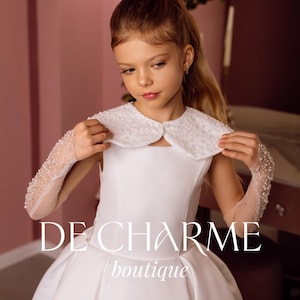 Satin flower girl dress,Dress with gloves,Girl formal dress,Junior bridesmaid dress,Ivory flower girl dress,Toddler dress,Girl wedding dress