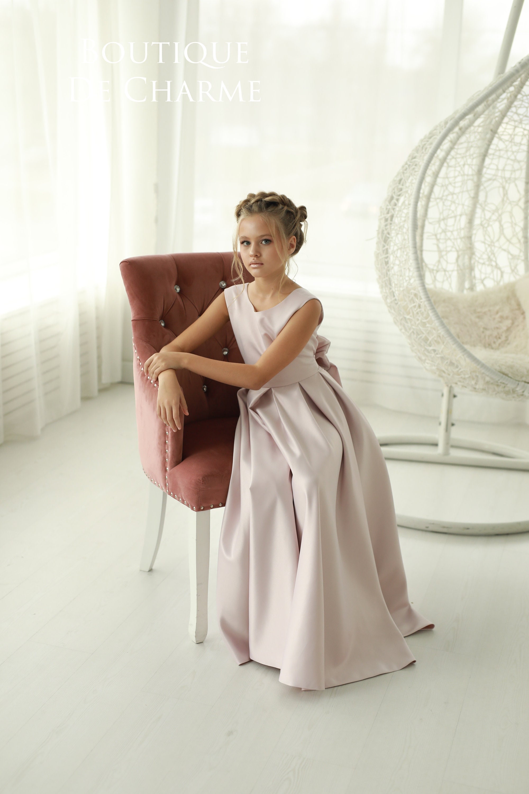 strapless open back dress Dusty Blue Junior Bridesmaid Dresses with Elegant Sleeves main image 1