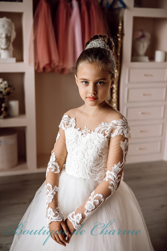 Long sleeve flower girl dress Lace flower girl dress White tulle flower girl dress First communion dress Girl tutu dress Wedding girl dress