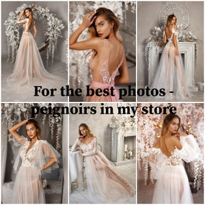 Long tulle dress, Lace wedding robe, Bridal boudoir,Bride peignoir,Tulle wedding dress,Sheer boudoir robe,Wedding lingerie,White bridal robe image 9