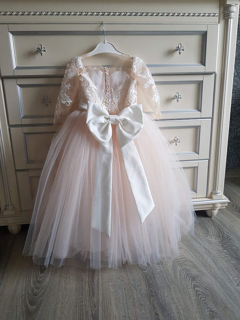 Flower girl dress tulle, Party girl dress, Lace flower girl dress, Tutu dress,Flower girl dress train,Girl ball gown,Ivory flower girl dress image 7