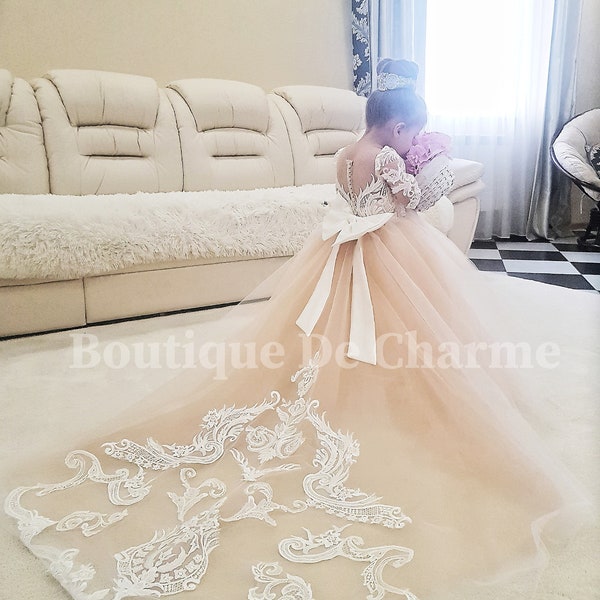 Lace flower girl dress, Flower girl dress tulle, Ivory flower girl dress,First communion dress,Toddler wedding dress,Flower girl dress train