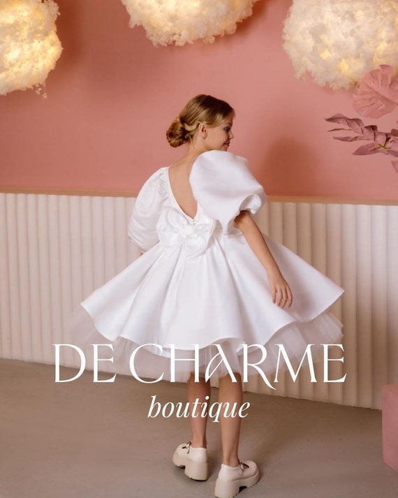 Flower girl dress,Girl wedding dress,Ivory short dress,Satin girl  dress,Girl formal dress,Junior bridesmaid dress,Toddler dress,Baby gown