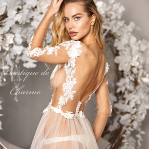 Sheer wedding dress, Tulle robe, Lace wedding dress, Bridal lace robe, Ivory wedding dress, Boudoir photo shoot, Wedding dress long sleeve image 7