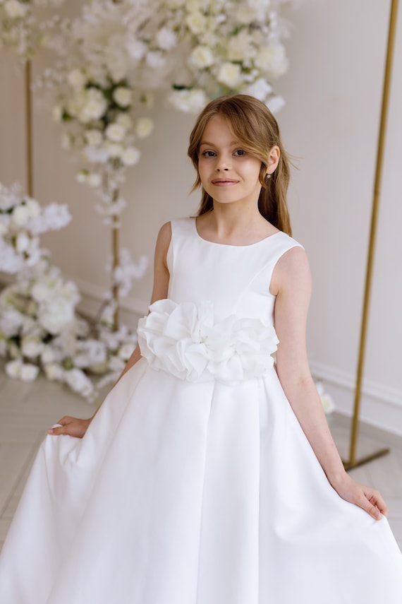 evening dress kids girl Ashley Lauren 8248 Beaded Belt Kids Satin Gown 12 / Hot Pink (Fuchsia) main image 0