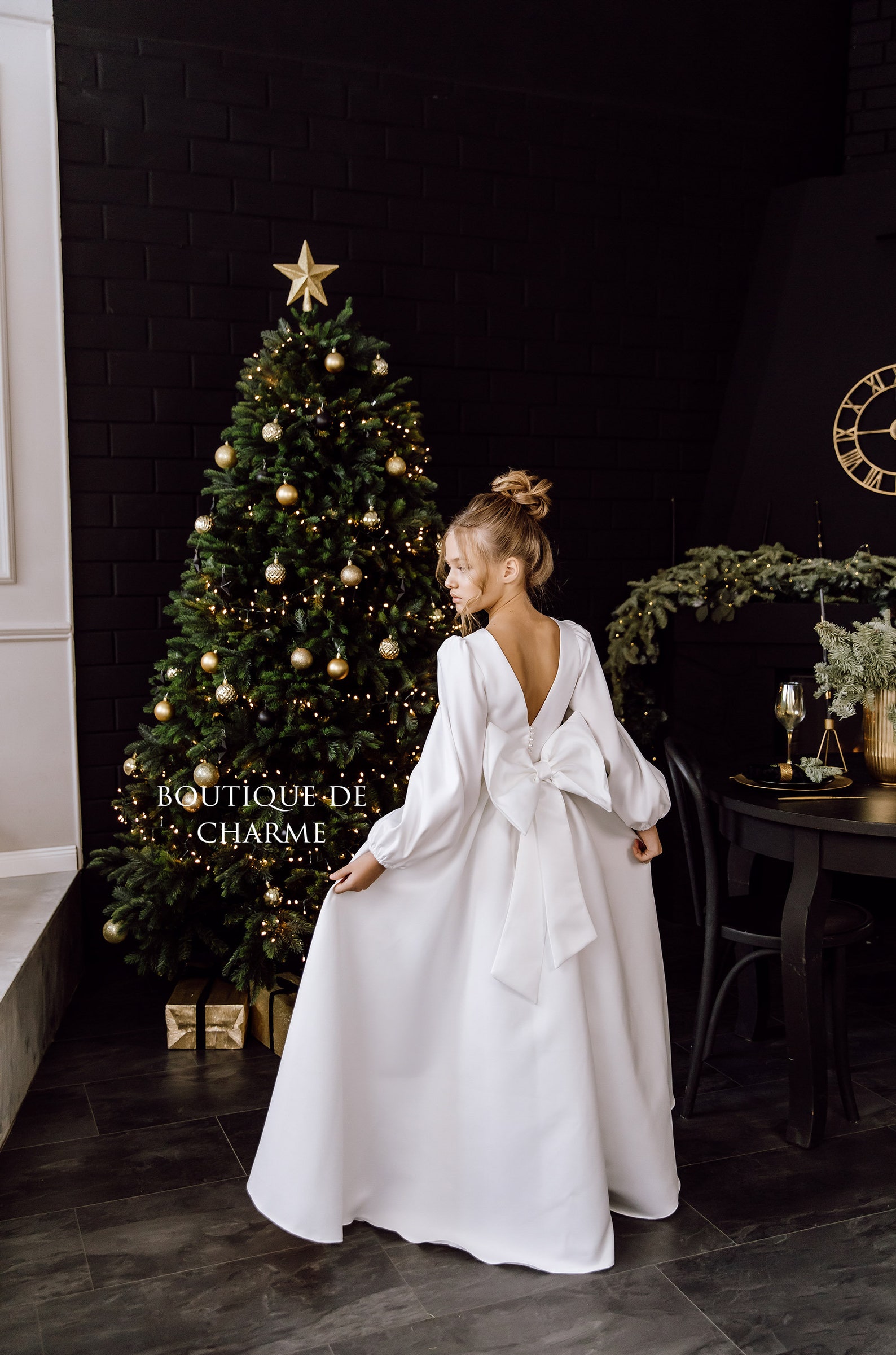 Satin Flower Girl Dress, Long Sleeve Flower Girl Dress, Junior