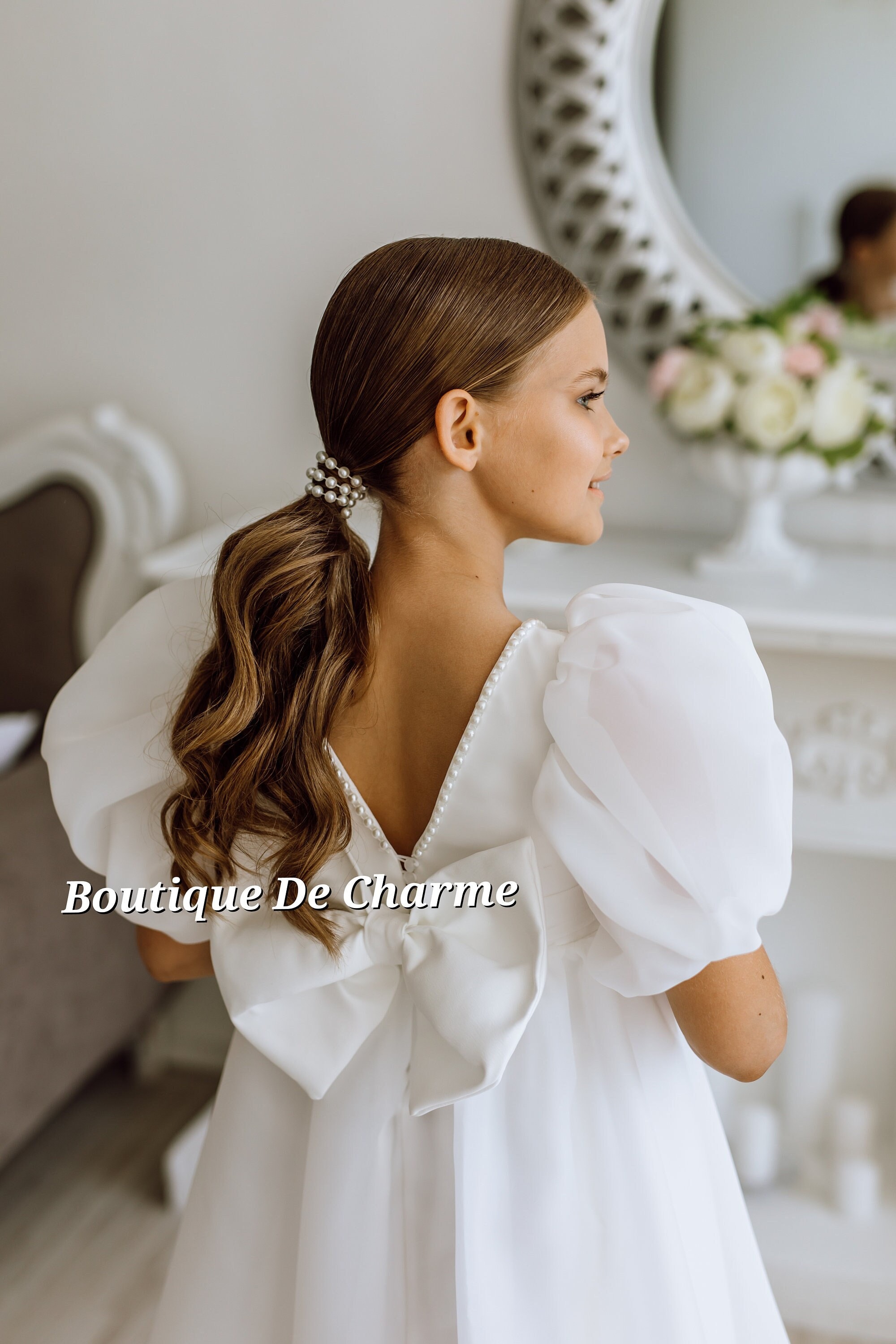 Abito da bambina con maniche a 3/4 in pizzo, abito da principessa, per matrimonio, damigella d'onore, prima comunione, compleanno, festa, abito da sera lungo, bianco, 13-14 Anni