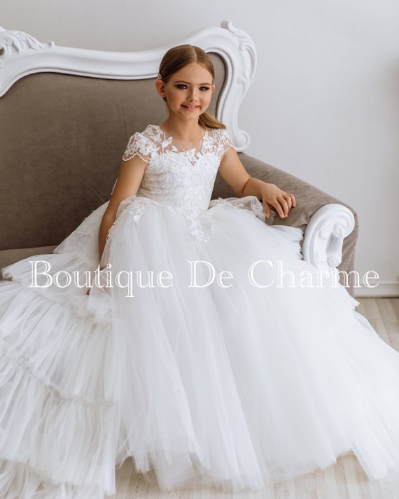 Lace Communion Dress, Lace Flower Girl Dress, Tulle Flower Girl