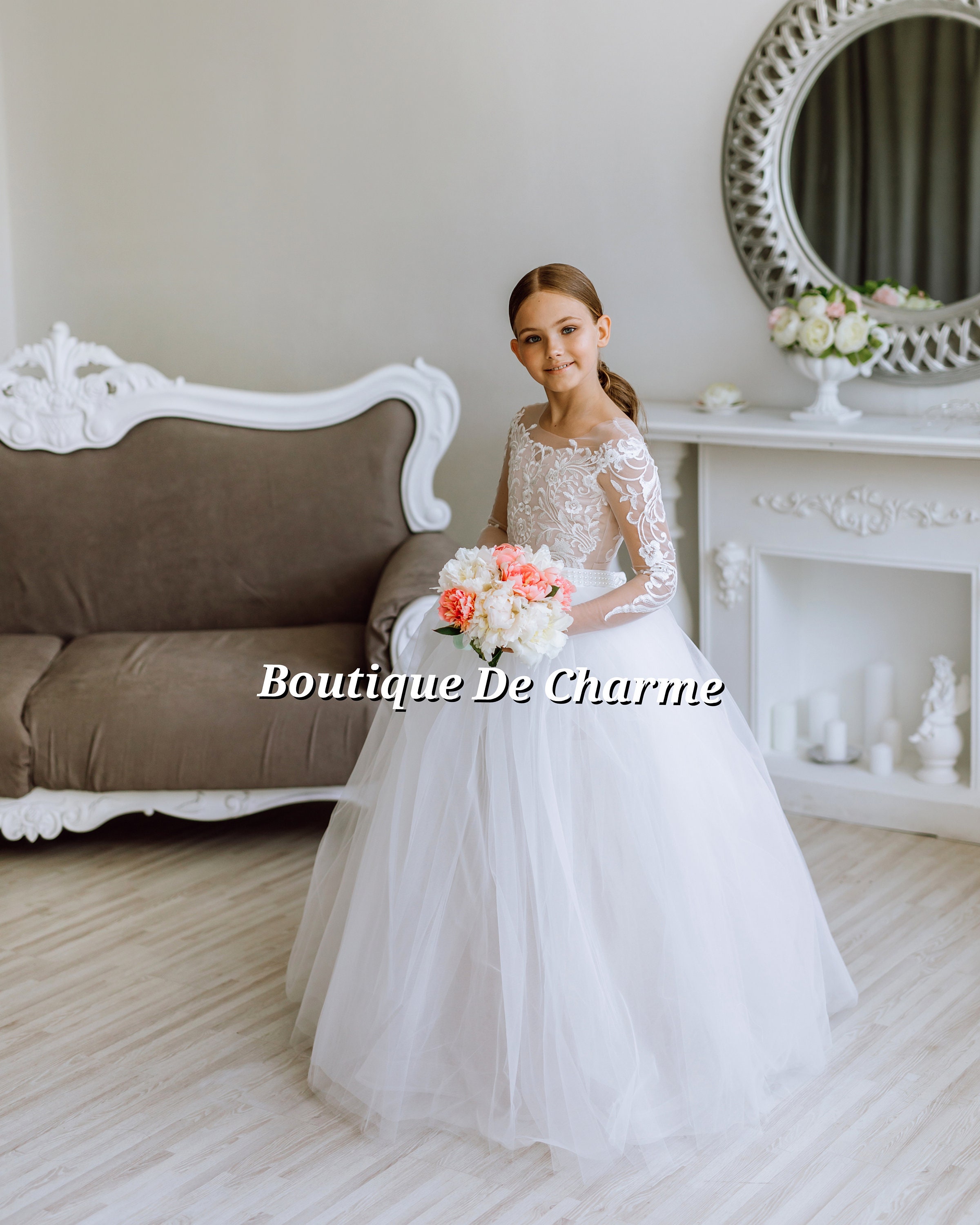 First Communion Dress, Lace Flower Girl Dress, Tutu Flower Girl Dress, White Girls Dress, Tulle Flower Girl Dress, Rustic Flower Girl Dress