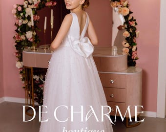 Satin Blumenmädchen Kleid, Mädchen Hochzeitskleid, Heilige Kommunion Kleid, Elfenbein Blumenmädchen Kleid, Kleid mit Perlen, Tüll Mädchenkleid, Mädchen Partykleid