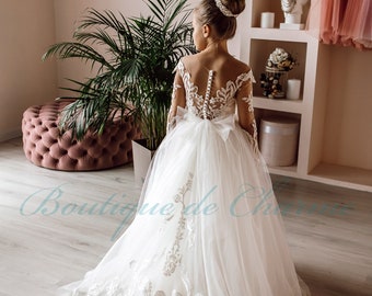 Langarm Blumenmädchen Kleid, Blumenmädchen Kleid aus Spitze, weißes Tüll Blumenmädchen Kleid, Erstkommunion Kleid, Mädchen Tutu Kleid, Hochzeit Mädchen Kleid