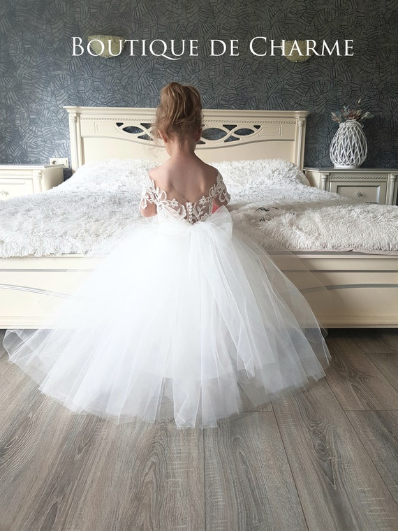 Lace flower girl dress with train hotsell