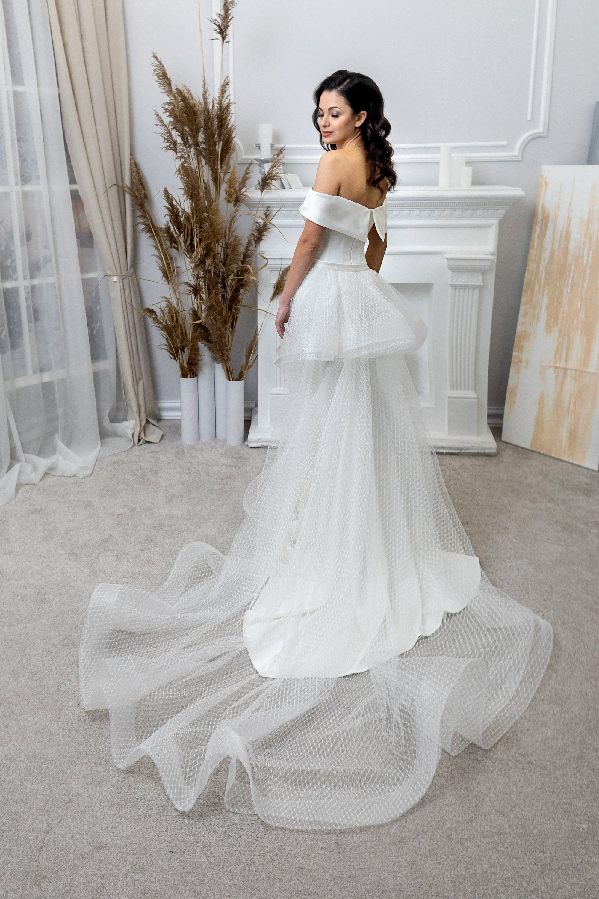 Ivory wedding dress Off shoulder bridal gown Satin wedding | Etsy