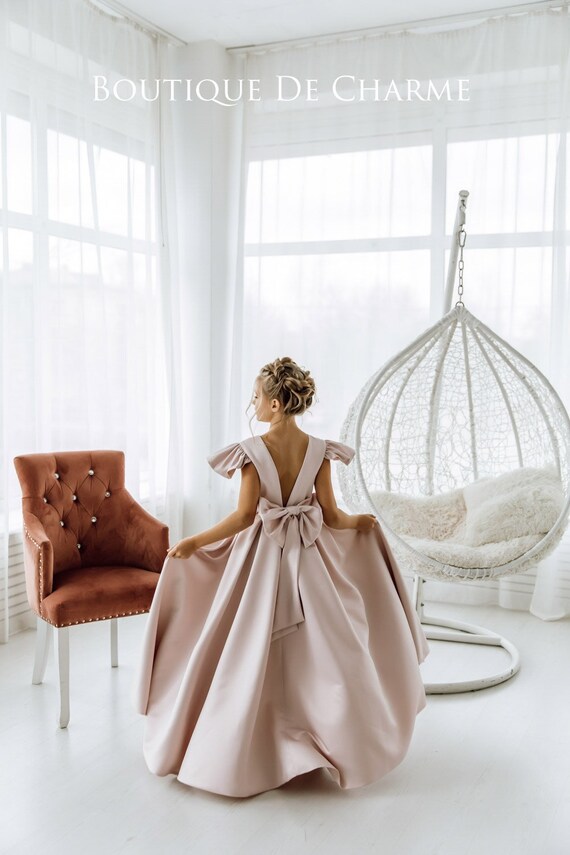 Satin Flower Girl Dress - Knee-Length, Short Sleeve, Pink Ribbon (Fit & Flare, Pageant Style)
