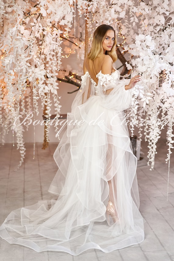 wedding photo shoot dress, Lace wedding dress, Long bridal robe, Long sleeve wedding dress, Tulle dress,Boudoir wedding dress,Sheer peignoir