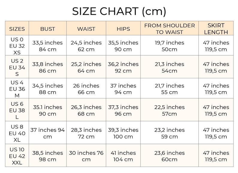 May include: Size chart for clothing in US and EU sizes. The chart shows measurements in inches and centimeters for bust, waist, hips, from shoulder to waist, and skirt length.