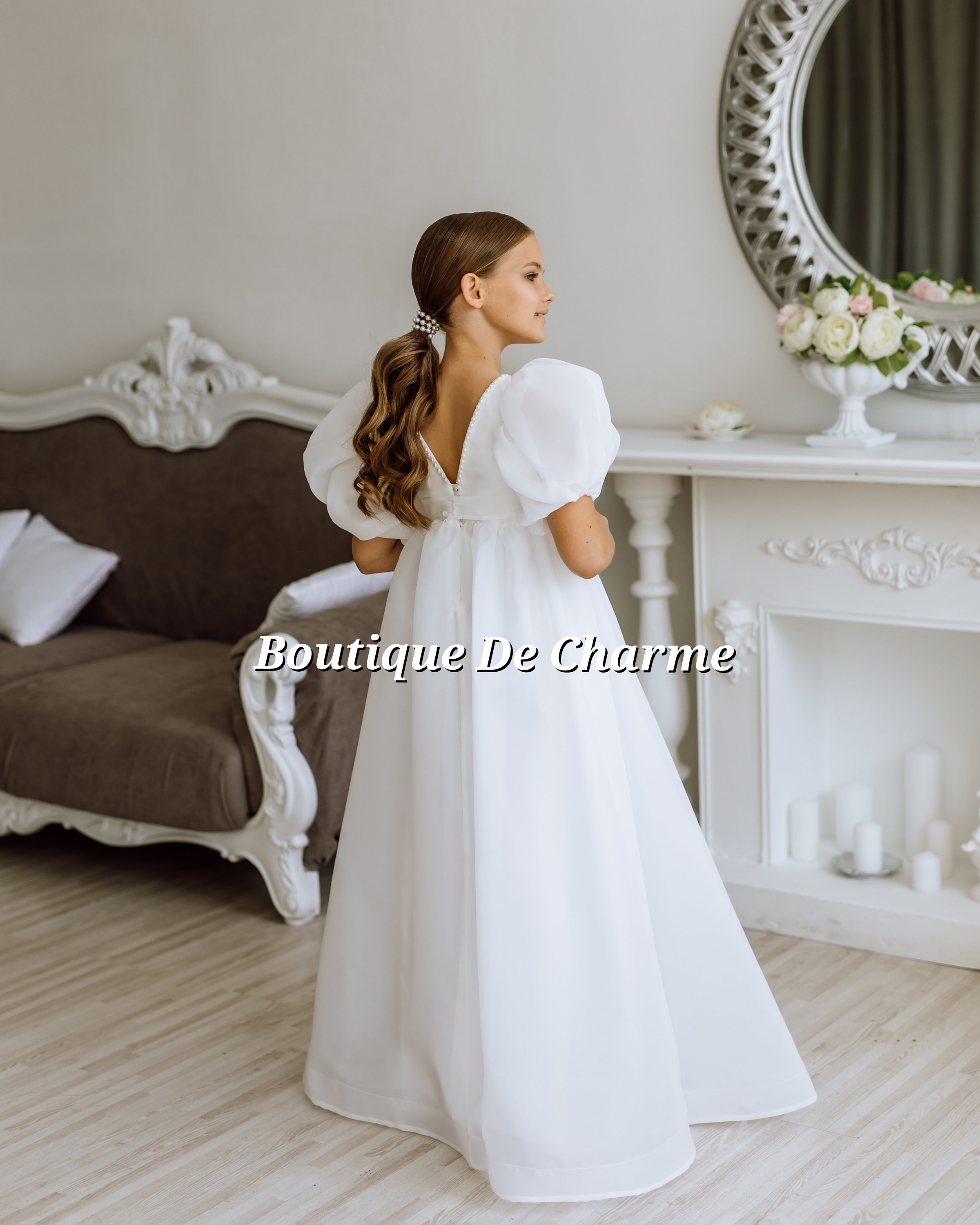 IBAKOM - Abito Lungo Da Bambina, In Pizzo, Con Fiore, Per Matrimonio, Damigella D'onore, Ballo, Serata, Compleanno, Comunione, Festa, Anniversario - Foto 3