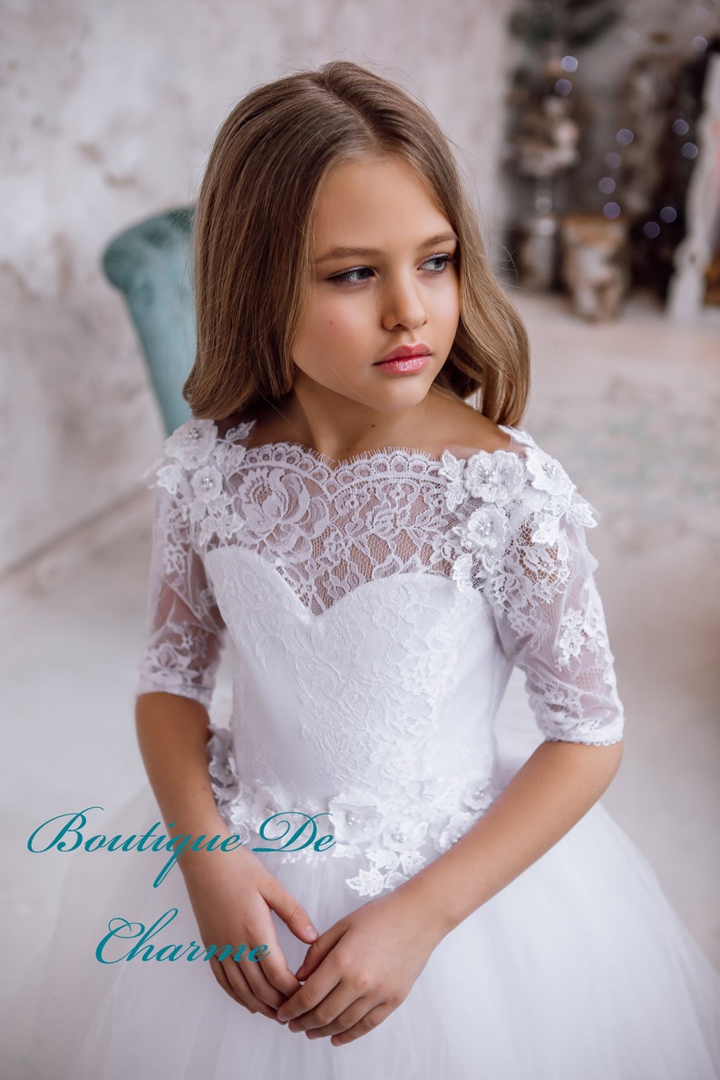 White flower girl dress,White Tulle Dress,Flower girl dress,Lace Flower Girl Dress,Boho flower girl dress,Lace dress,Toddler lace dress image 1