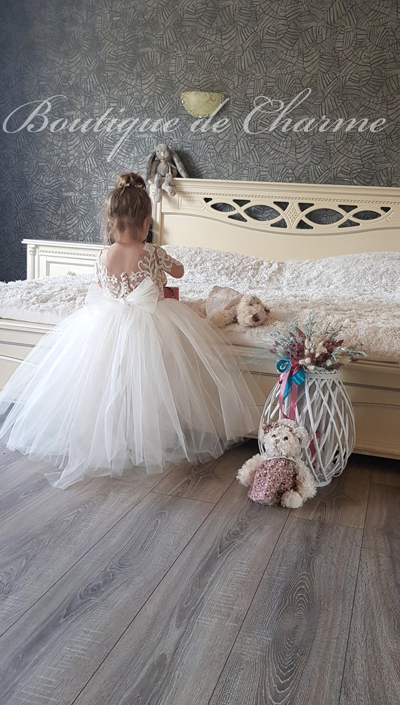 Vestido de niña de flor blanca, vestido de niña de encaje rústico, vestido  de encaje de niño pequeño, vestido de tutú de tul blanco, vestidos de niñas  de flores, cumpleaños, fiesta 