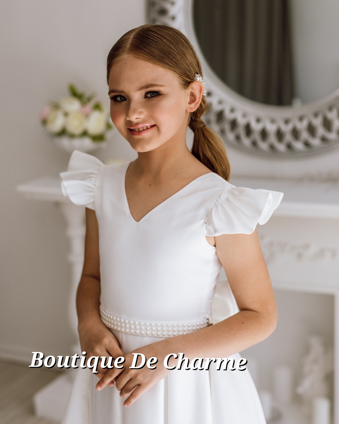 Ivory Flower Girl Dress,junior Bridesmaid Dress,satin Girl Dress,tulle