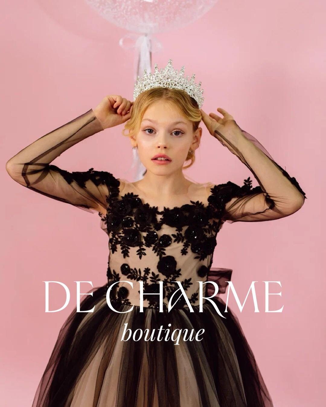 Kids Black Lace Tulle Girls Party Gowns CHK054B
