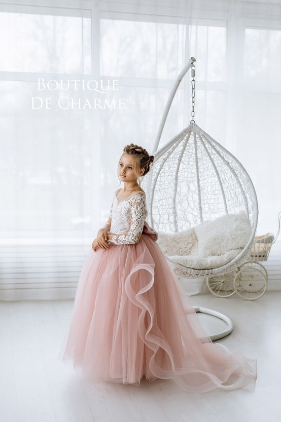Robe Princesse Fille Brodée 3D Tulle Dentelle Multicouches - Demoiselle D'Honneur 1-8 Ans