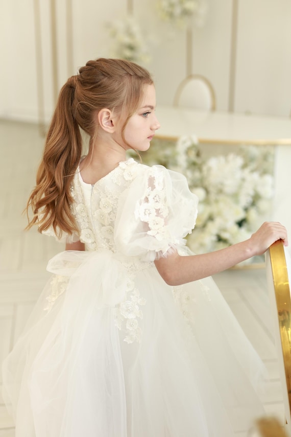 Ivory lace tulle toddler flower girl dress,Girl wedding tea length party baby dress,Puff sleeve formal girl dress,Junior bridesmaid dress