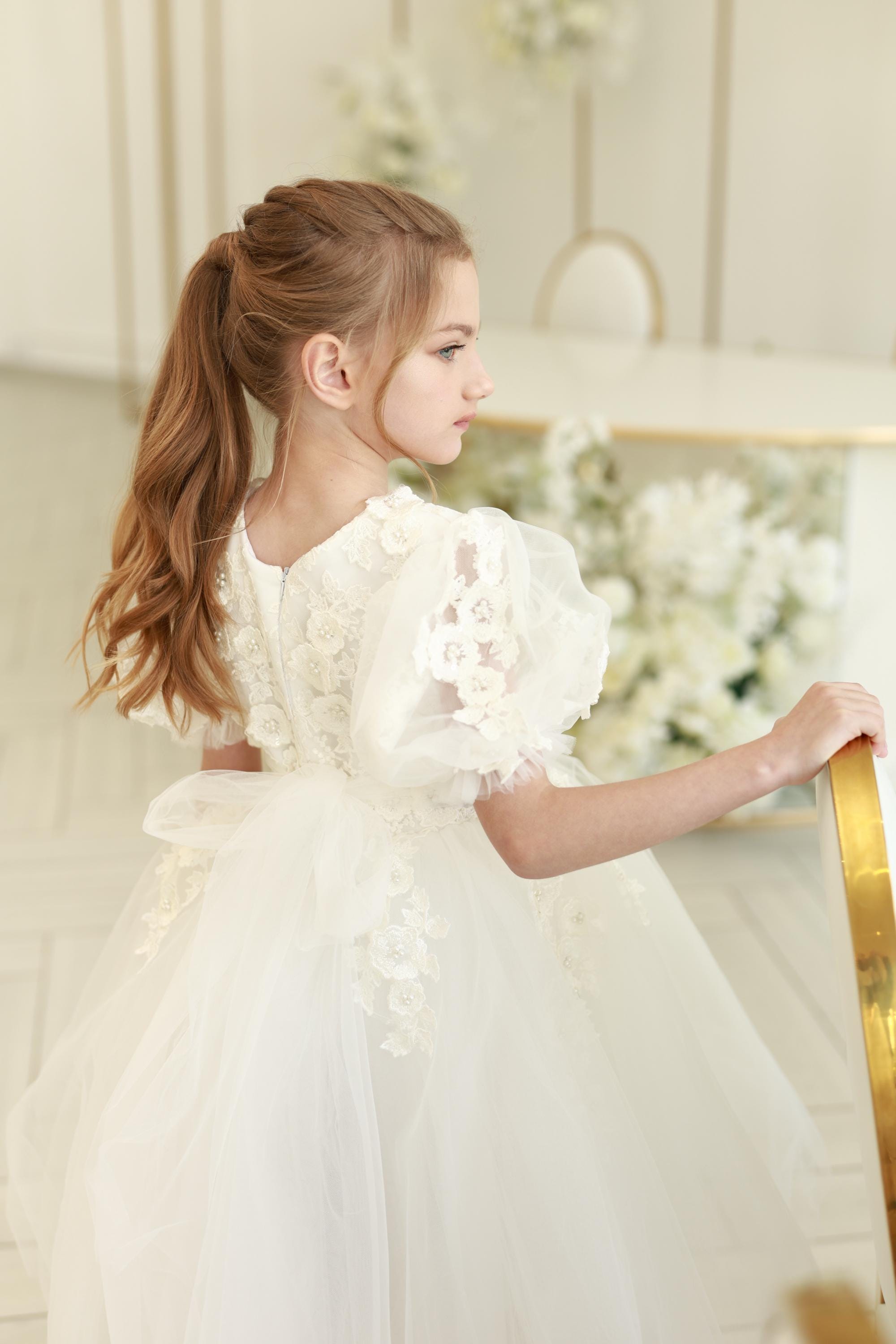 ivory lace toddler dress Ivory Lace Tulle Toddler Flower Girl Dress,girl Wedding Tea Length Party  Baby Dress,puff Sleeve Formal Girl Dress,junior Bridesmaid Dress