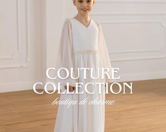 Flower Girl Dress,Satin Chiffon Formal Gown,Girl Wedding Party Dress,Elegant Long Sleeve Maxi Dress