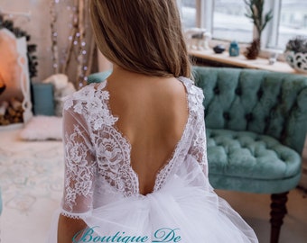 Witte bloem meisje jurk, witte tule jurk, bloem meisje jurk, kant bloem meisje jurk, boho bloem meisje jurk, kant jurk, peuter kant jurk