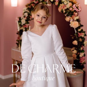 Flower girl dress,Holy communion dress,Wedding dress for girls,White flower girl dress,Long sleeve dress,Satin flower girl dress,Baby dress