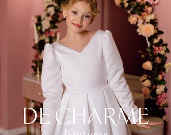 Blumenmädchen Kleid,Heilige Kommunion Kleid,Hochzeitskleid für Mädchen,Weiß Blumenmädchen Kleid,Langarm Kleid,Satin Blumenmädchen Kleid,Baby Kleid