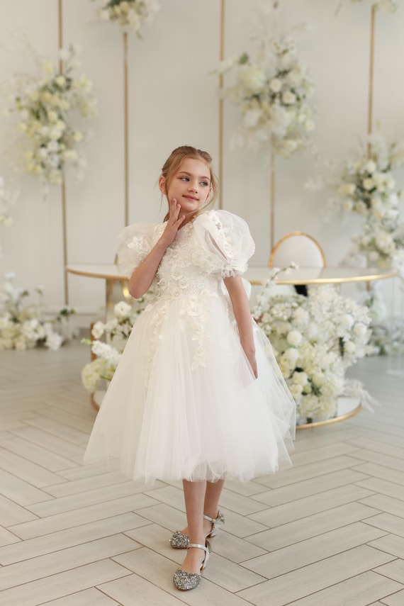 Lace tulle tutu flower girl dress,Holy communion ivory toddler dress,Mini bride formal dress short sleeve,Junior bridesmaid baby dress