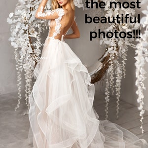 Sheer wedding dress, Tulle robe, Lace wedding dress, Bridal lace robe, Ivory wedding dress, Boudoir photo shoot, Wedding dress long sleeve image 4