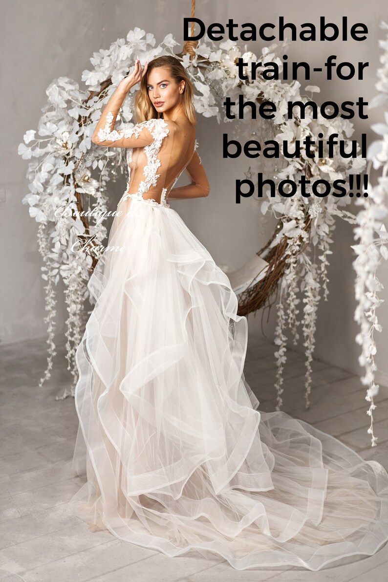 Sheer wedding dress, Tulle robe, Lace wedding dress, Bridal lace robe, Ivory wedding dress, Boudoir photo shoot, Wedding dress long sleeve image 4