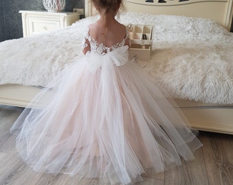 Lace flower girl dress,Baby girl dress,Tulle flower girl dress,Girl wedding dress,Ivory flower girl dress,Junior bridesmaid dress,Tutu dress