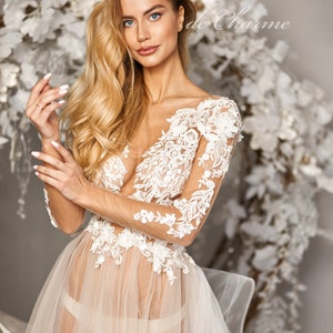 Sheer wedding dress, Tulle robe, Lace wedding dress, Bridal lace robe, Ivory wedding dress, Boudoir photo shoot, Wedding dress long sleeve image 8