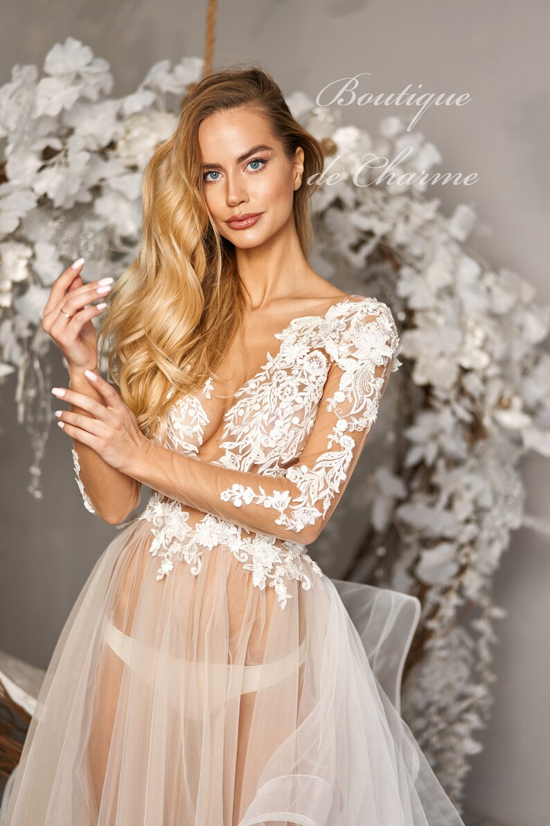 Sheer wedding dress, Tulle robe, Lace wedding dress, Bridal lace robe, Ivory wedding dress, Boudoir photo shoot, Wedding dress long sleeve image 8