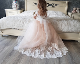 Beach flower girl dress, Lace baby dress, Birthday dress for girls, Girl ball gown, Lace and tulle flower girl dress,Ivory flower girl dress