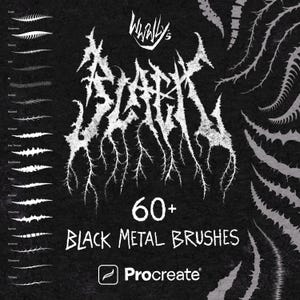 Könnte beinhalten: Schwarz-weiße digitale Illustration mit über 60 Black Metal Pinseln für Procreate. Das Design zeigt stilisierten Text und Pinselstrichbeispiele auf dunklem Hintergrund. Das Procreate-Logo ist zu sehen.