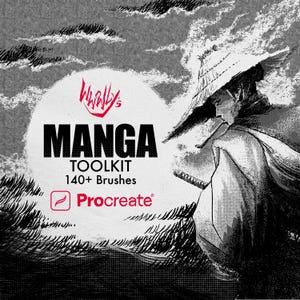 May include: Black and white manga-style illustration with the text "MANGA TOOLKIT 140+ Brushes" and the Procreate logo. The image features a figure in a traditional Japanese hat and clothing, with a sword. The background has a cloudy sky.
