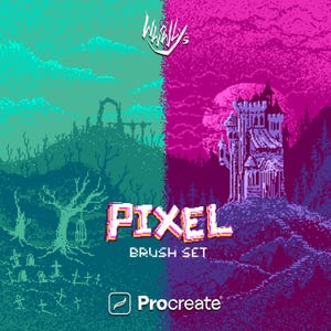 Puede incluir: Ilustración de arte pixelado con un fondo dividido en verde azulado y morado. El lado verde azulado presenta un cementerio y árboles, mientras que el lado morado muestra un castillo. El texto "PIXEL BRUSH SET" se muestra con el logotipo de Procreate.