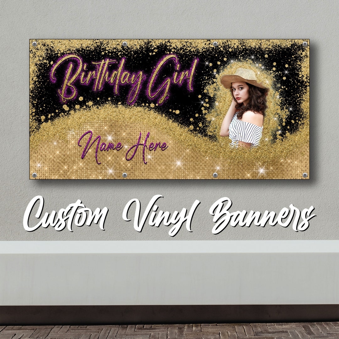 Custom Birthday Banner, Personalized Banner, Birthday Girl, Gold and