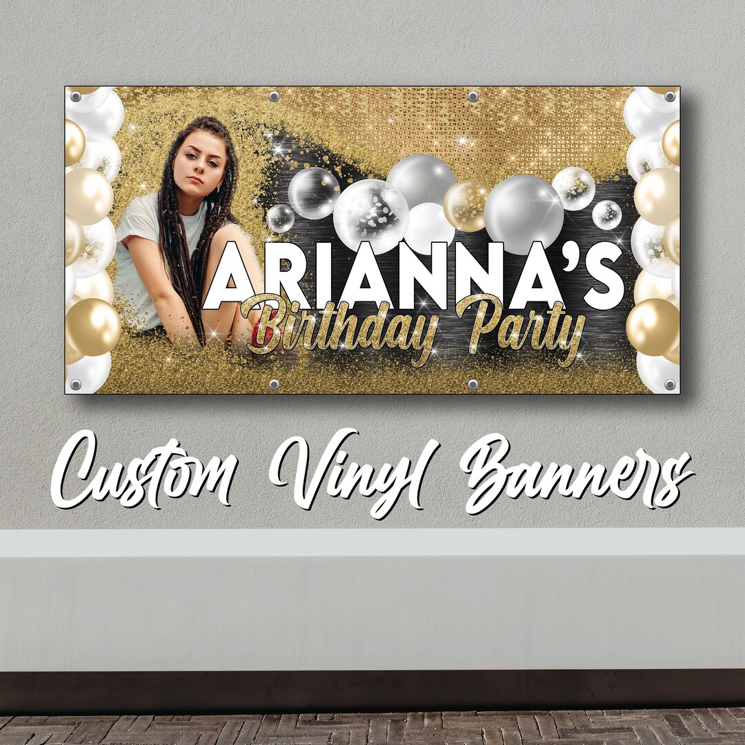 Custom Birthday Banner, Personalized Banner, Birthday Girl, Gold, White